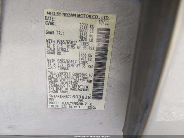 46209620 :رقم المزاد ، 5N1AR1NN6CC603828 vin ، 2012 Nissan Pathfinder Sv مزاد بيع