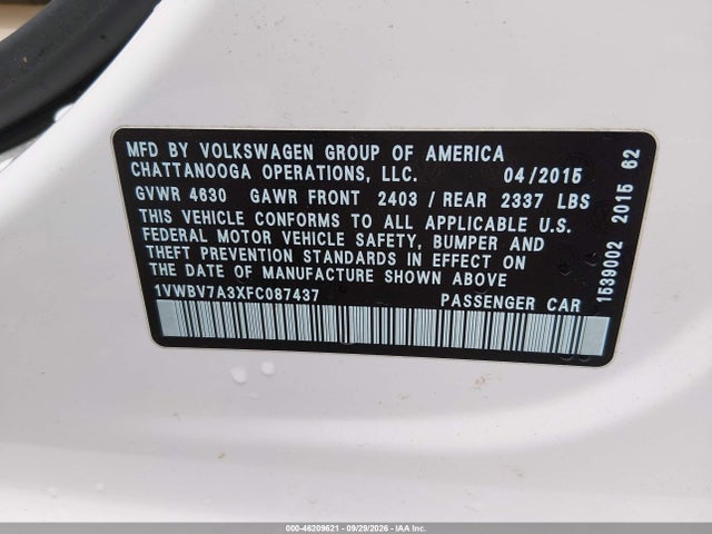 46209621 :رقم المزاد ، 1VWBV7A3XFC087437 vin ، 2015 Volkswagen Passat 2.0l Tdi Se مزاد بيع