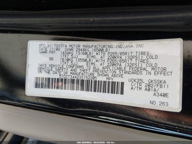 Aukcja sprzedaży 2003 Toyota Sequoia Sr5, vin: 5TDZT34A23S152205, numer aukcji: 46209625