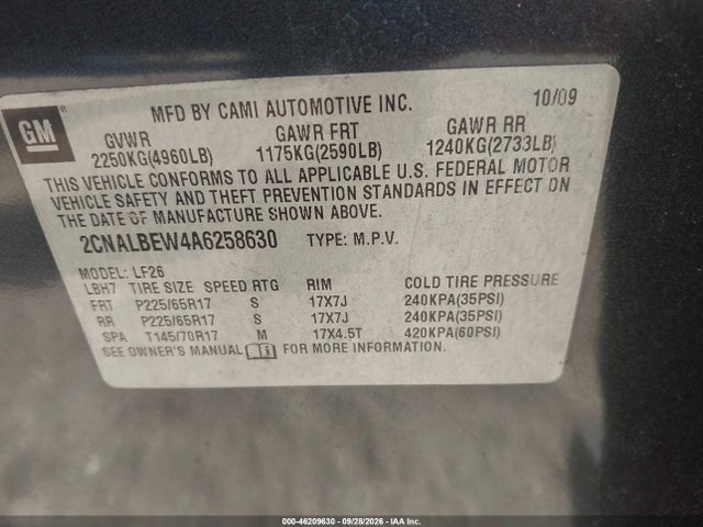 2010 Chevrolet Equinox Ls მანქანა იყიდება აუქციონზე, vin: 2CNALBEW4A6258630, აუქციონის ნომერი: 46209630
