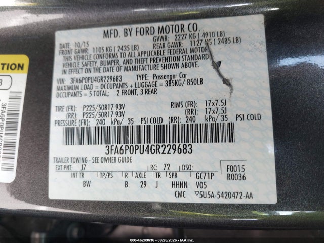 2016 Ford Fusion Energi Se Luxury მანქანა იყიდება აუქციონზე, vin: 3FA6P0PU4GR229683, აუქციონის ნომერი: 46209636
