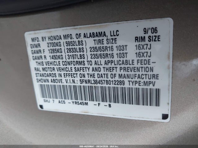 Aukcja sprzedaży 2007 Honda Odyssey Ex, vin: 5FNRL38457B012289, numer aukcji: 46209641