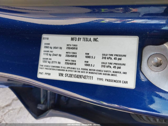 Aukcja sprzedaży 2019 Tesla Model 3 Long Range/mid Range/standard Range/standard Range Plus, vin: 5YJ3E1EA2KF427111, numer aukcji: 46209642