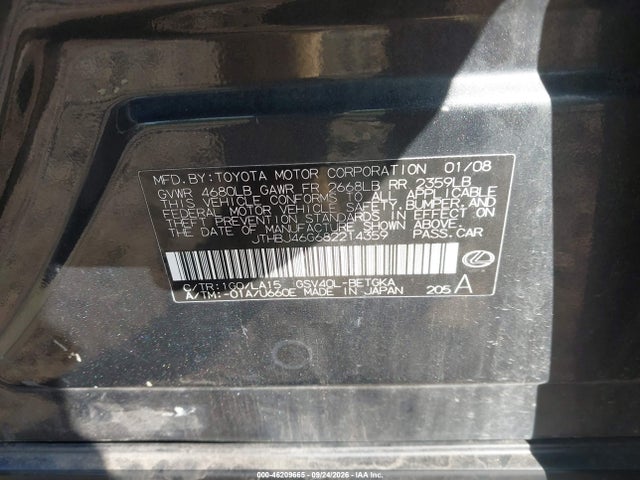 46209665 :رقم المزاد ، JTHBJ46G682214359 vin ، 2008 Lexus Es 350 مزاد بيع