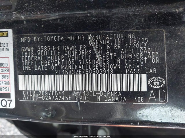 Auction sale of the 2005 Toyota Corolla Le, vin: 2T1BR32E75C503918, lot number: 46209693