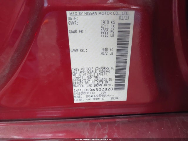 46209706 :رقم المزاد ، 1N4AL3AP5DN502820 vin ، 2013 Nissan Altima 2.5 Sv مزاد بيع