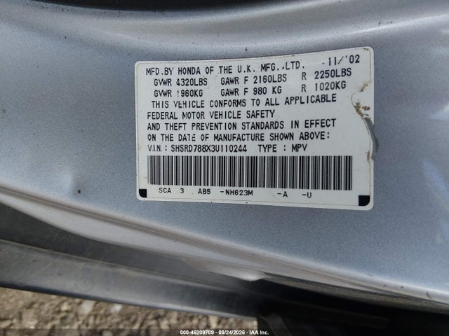 Aukcja sprzedaży 2003 Honda Cr-v Ex, vin: SHSRD788X3U110244, numer aukcji: 46209709