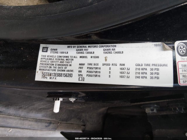 46209714 :رقم المزاد ، 5GTEN13E888156393 vin ، 2008 Hummer H3 Suv مزاد بيع