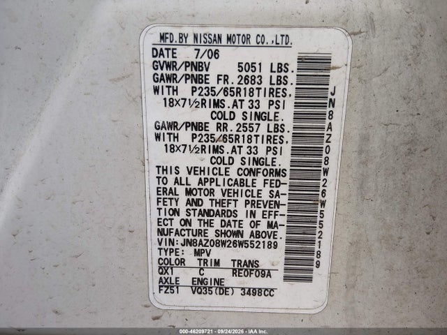 Auction sale of the 2006 Nissan Murano S, vin: JN8AZ08W26W552189, lot number: 46209721