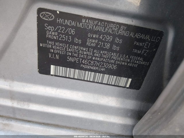 Aukcja sprzedaży 2007 Hyundai Sonata Gls/gls W/xm, vin: 5NPET46C87H230906, numer aukcji: 46209724