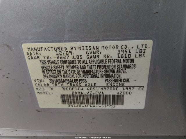 46209727 :رقم المزاد ، 3N1AB6AP6AL651993 vin ، 2010 Nissan Sentra 2.0sl مزاد بيع