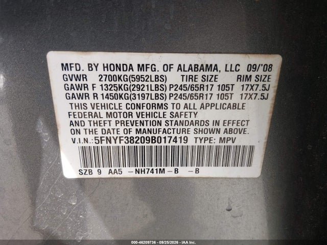 46209736 :رقم المزاد ، 5FNYF38209B017419 vin ، 2009 Honda Pilot Lx مزاد بيع