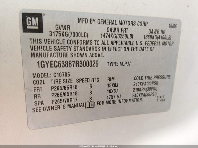 Продаж на аукціоні авто 2007 Cadillac Escalade, vin: 1GYEC63887R300029, номер лоту: 46209749