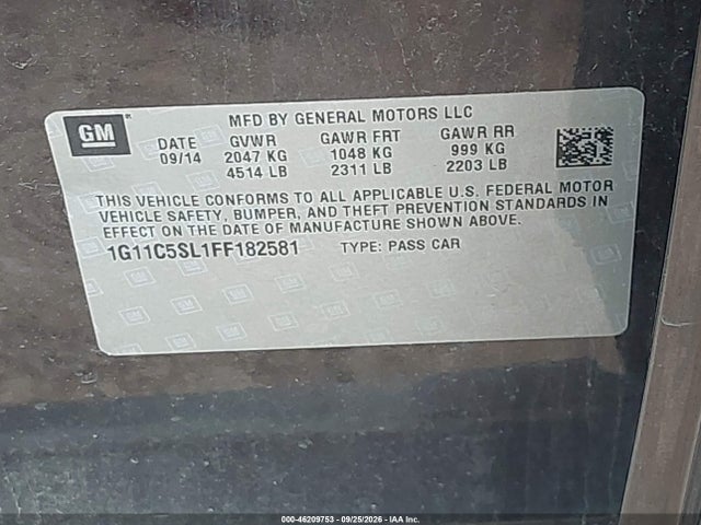 46209753 :رقم المزاد ، 1G11C5SL1FF182581 vin ، 2015 Chevrolet Malibu 1lt مزاد بيع