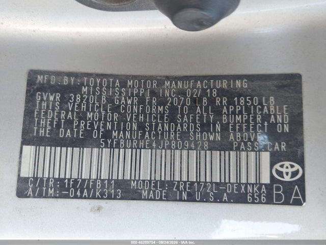 46209754 :رقم المزاد ، 5YFBURHE4JP809428 vin ، 2018 Toyota Corolla Le مزاد بيع