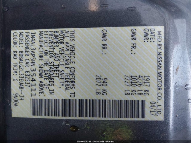 2017 Nissan Altima 2.5 S მანქანა იყიდება აუქციონზე, vin: 1N4AL3AP5HN354111, აუქციონის ნომერი: 46209762