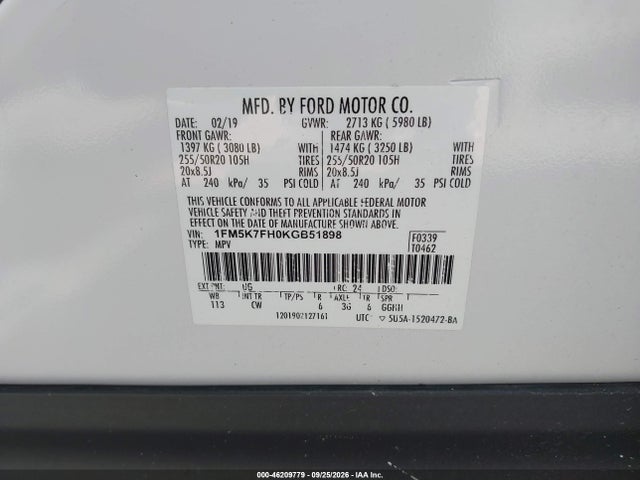 2019 Ford Explorer Limited მანქანა იყიდება აუქციონზე, vin: 1FM5K7FH0KGB51898, აუქციონის ნომერი: 46209779