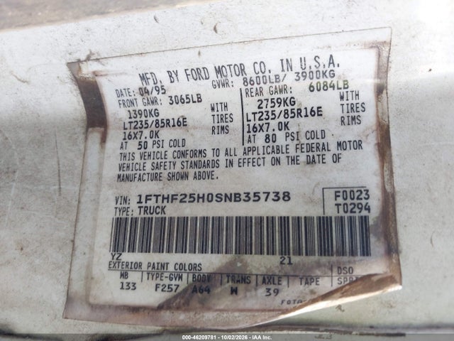 Aukcja sprzedaży 1995 Ford F250, vin: 1FTHF25H0SNB35738, numer aukcji: 46209781
