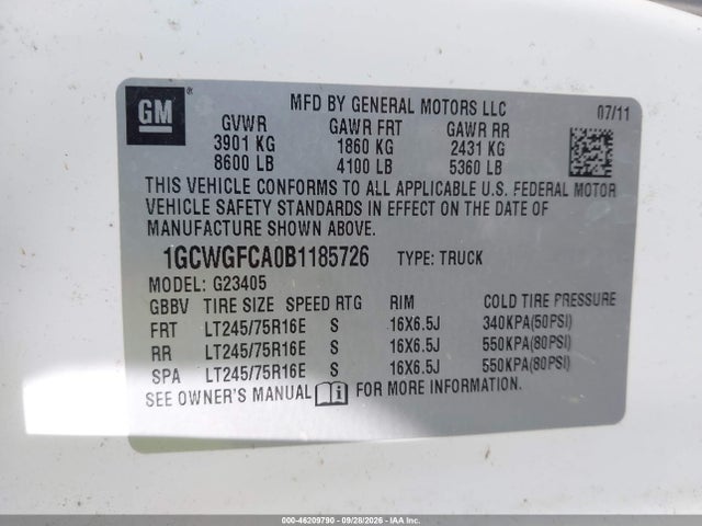 2011 Chevrolet Express 2500 Work Van მანქანა იყიდება აუქციონზე, vin: 1GCWGFCA0B1185726, აუქციონის ნომერი: 46209790