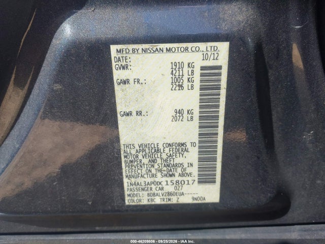 2013 Nissan Altima 2.5 Sl მანქანა იყიდება აუქციონზე, vin: 1N4AL3AP0DC158017, აუქციონის ნომერი: 46209806