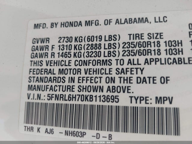 Aukcja sprzedaży 2019 Honda Odyssey Ex-l, vin: 5FNRL6H70KB113695, numer aukcji: 46209812