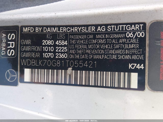 2001 Mercedes-benz Clk 430 მანქანა იყიდება აუქციონზე, vin: WDBLK70G81T055421, აუქციონის ნომერი: 46209828