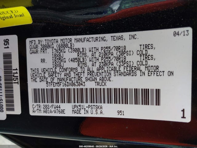 Продаж на аукціоні авто 2013 Toyota Tundra Grade 4.6l V8, vin: 5TFEM5F16DX063043, номер лоту: 46209840