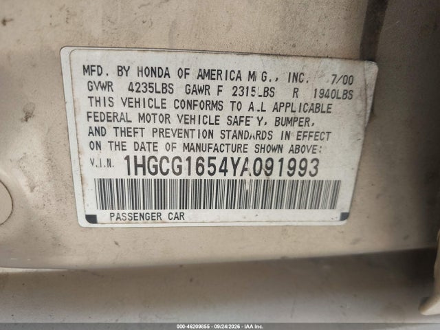 Продажа на аукционе авто 2000 Honda Accord 3.0 Ex, vin: 1HGCG1654YA091993, номер лота: 46209855