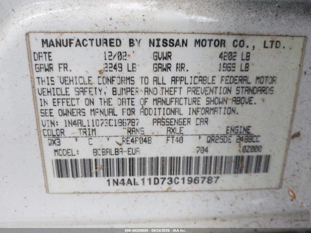 Aukcja sprzedaży 2003 Nissan Altima 2.5 S, vin: 1N4AL11D73C196787, numer aukcji: 46209885