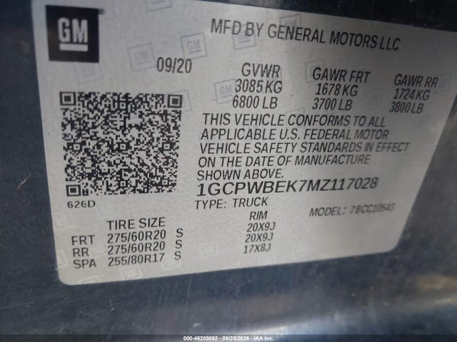 Aukcja sprzedaży 2021 Chevrolet Silverado 1500, vin: 1GCPWBEK7MZ117028, numer aukcji: 46209892