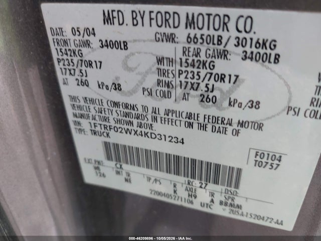 Aukcja sprzedaży 2004 Ford F-150 Stx/xlt, vin: 1FTRF02WX4KD31234, numer aukcji: 46209896