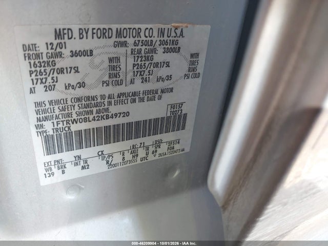 Aukcja sprzedaży 2002 Ford F-150 Lariat/xlt, vin: 1FTRW08L42KB49720, numer aukcji: 46209904