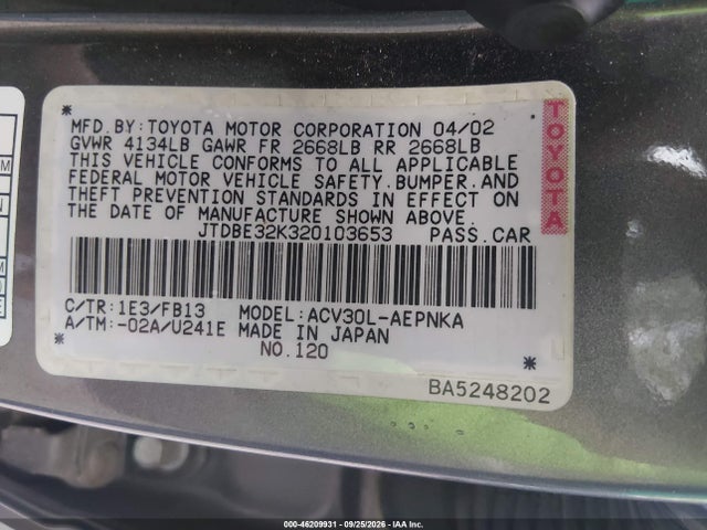 Aukcja sprzedaży 2002 Toyota Camry Le, vin: JTDBE32K320103653, numer aukcji: 46209931