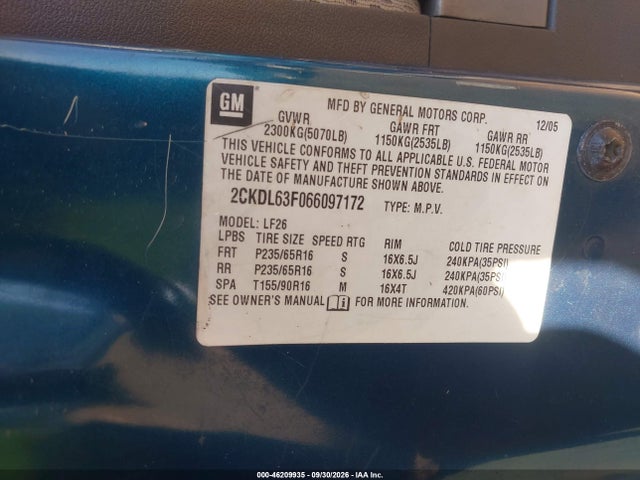Продаж на аукціоні авто 2006 Pontiac Torrent, vin: 2CKDL63F066097172, номер лоту: 46209935