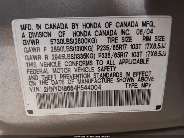 Продажа на аукционе авто 2004 Acura Mdx, vin: 2HNYD18664H544004, номер лота: 46209939