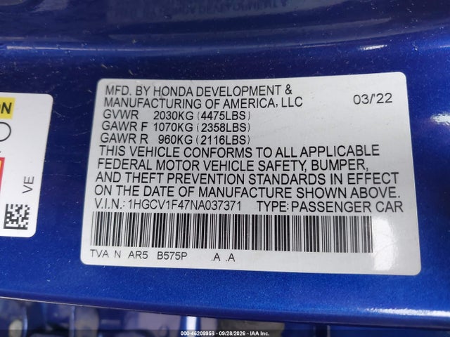1HGCV1F47NA037371 Honda Accord Sport Special Edition