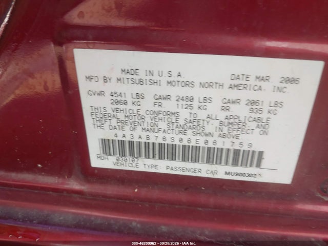 2006 Mitsubishi Galant Gts მანქანა იყიდება აუქციონზე, vin: 4A3AB76S06E061759, აუქციონის ნომერი: 46209962