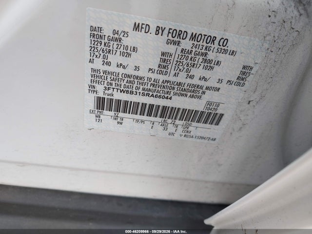 2025 Ford Maverick Xl მანქანა იყიდება აუქციონზე, vin: 3FTTW8B31SRA66044, აუქციონის ნომერი: 46209966