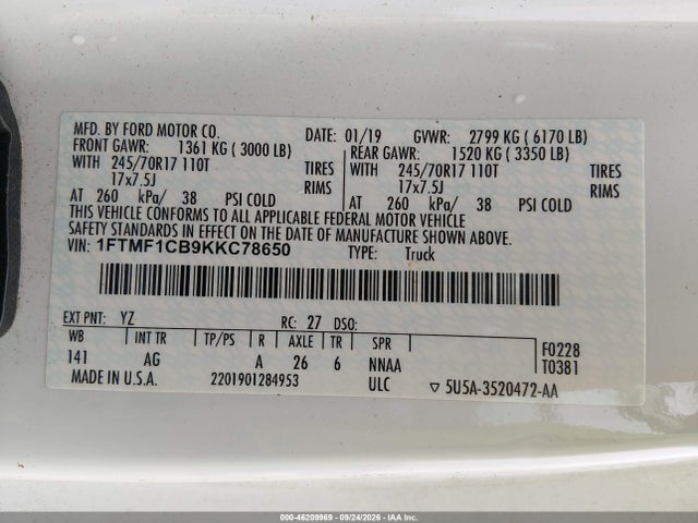 2019 Ford F-150 Xl მანქანა იყიდება აუქციონზე, vin: 1FTMF1CB9KKC78650, აუქციონის ნომერი: 46209969
