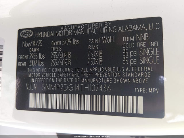 Продаж на аукціоні авто 2026 Hyundai Santa Fe Hybrid Sel, vin: 5NMP2DG14TH102436, номер лоту: 46209968
