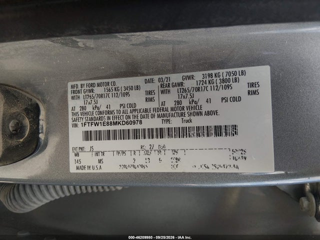 46209980 :رقم المزاد ، 1FTFW1E88MKD60978 vin ، 2021 Ford F-150 Xlt مزاد بيع
