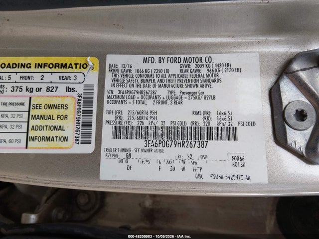 Продажа на аукционе авто 2017 Ford Fusion S, vin: 3FA6P0G79HR267387, номер лота: 46209983