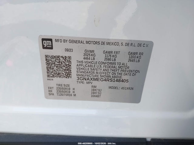 Aukcja sprzedaży 2024 Chevrolet Equinox Fwd Rs, vin: 3GNAXMEG4RS148405, numer aukcji: 46209985