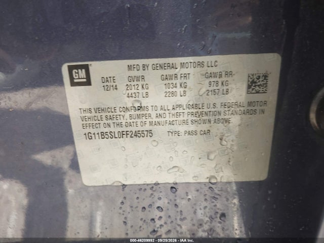 46209992 :رقم المزاد ، 1G11B5SL0FF245575 vin ، 2015 Chevrolet Malibu Ls مزاد بيع