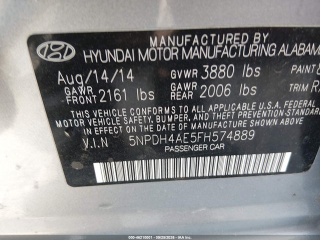 Продаж на аукціоні авто 2015 Hyundai Elantra Se, vin: 5NPDH4AE5FH574889, номер лоту: 46210001