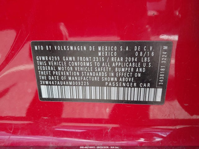 Продаж на аукціоні авто 2017 Volkswagen Golf Gti Sport 4-door, vin: 3VW447AU4HM009225, номер лоту: 46210003