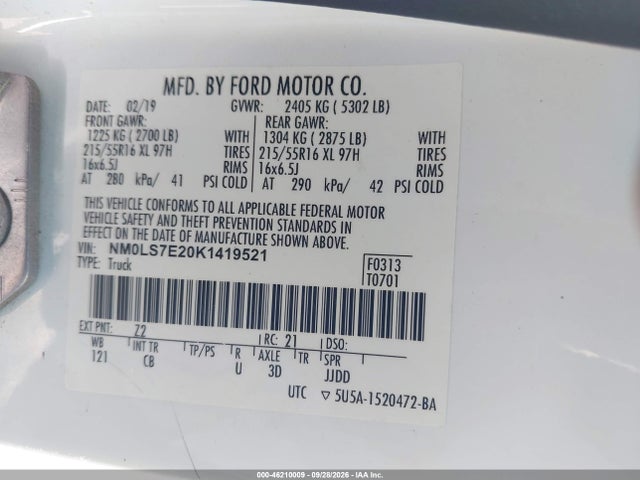 2019 Ford Transit Connect Xl მანქანა იყიდება აუქციონზე, vin: NM0LS7E20K1419521, აუქციონის ნომერი: 46210009