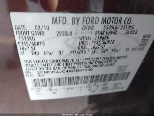 Aukcja sprzedaży 2010 Ford Edge Sel, vin: 2FMDK4JC4ABB07530, numer aukcji: 46210011