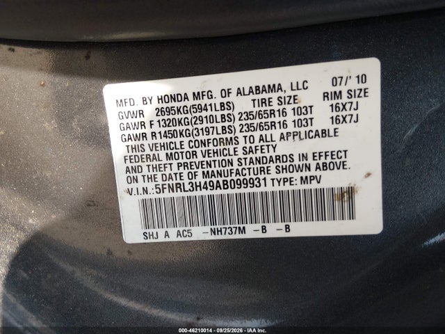 Продаж на аукціоні авто 2010 Honda Odyssey Ex, vin: 5FNRL3H49AB099931, номер лоту: 46210014