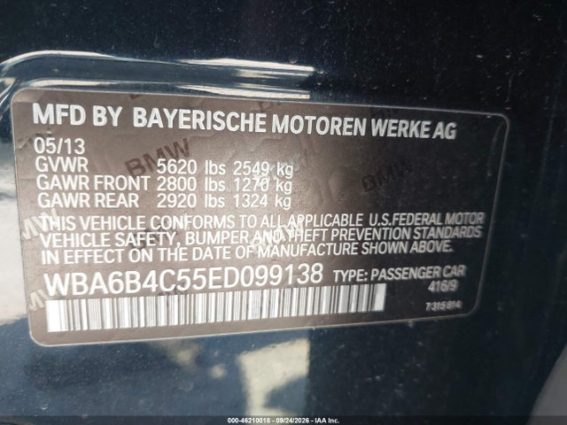 46210018 :رقم المزاد ، WBA6B4C55ED099138 vin ، 2014 Bmw 650i Gran Coupe Xdrive مزاد بيع